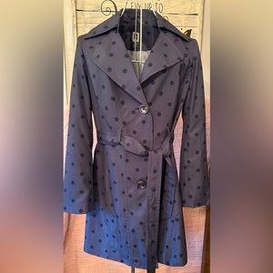 Blue polka dot rain/trench coat.  Size Medium.Lightweight.Business casual.